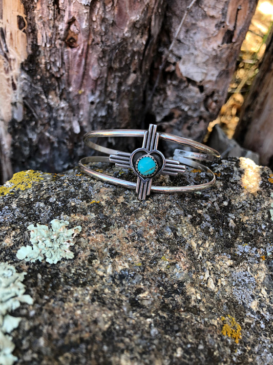 Kingman turquoise, sterling silver heart Zia cuff bracelet