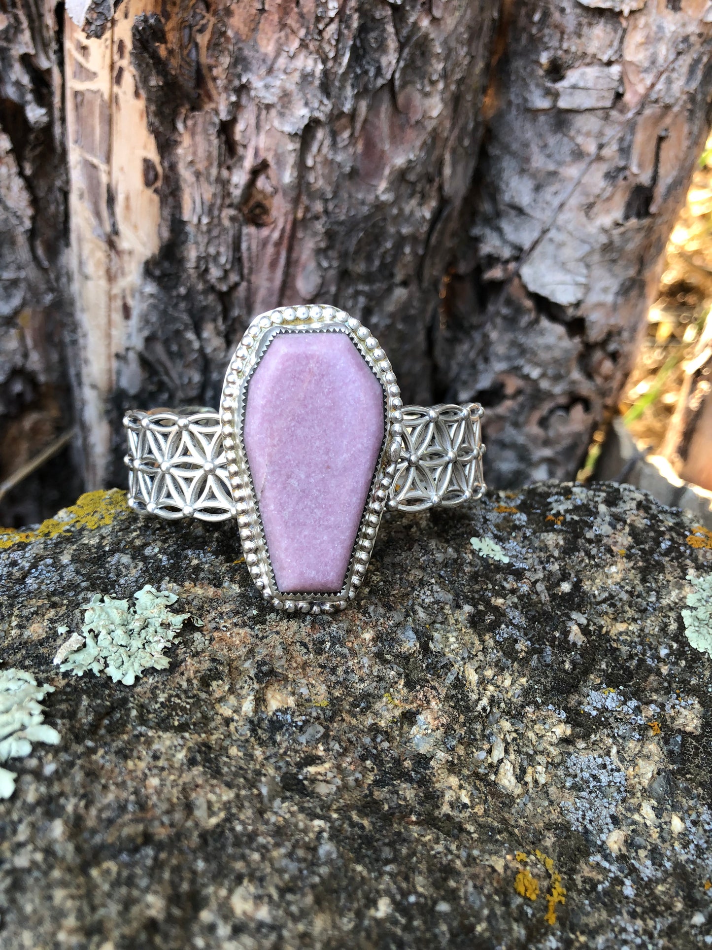 Pink pegmatite coffin, sterling silver cuff bracelet